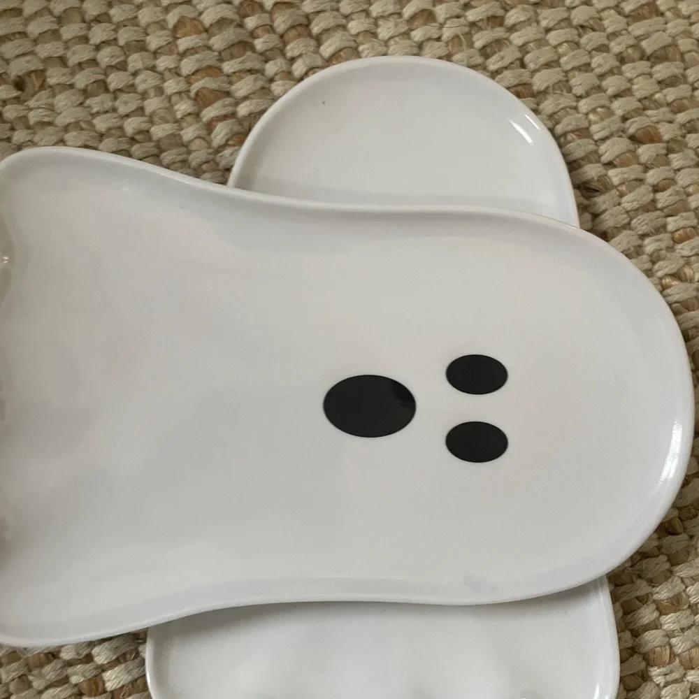Ghost Shaped White Plates and 3- 10 inch high white candlesticks with black bats